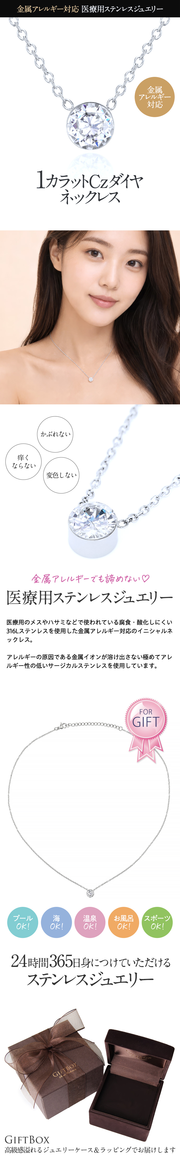 【金属アレルギー対応】1カラット Czダイヤ ネックレス（SV）