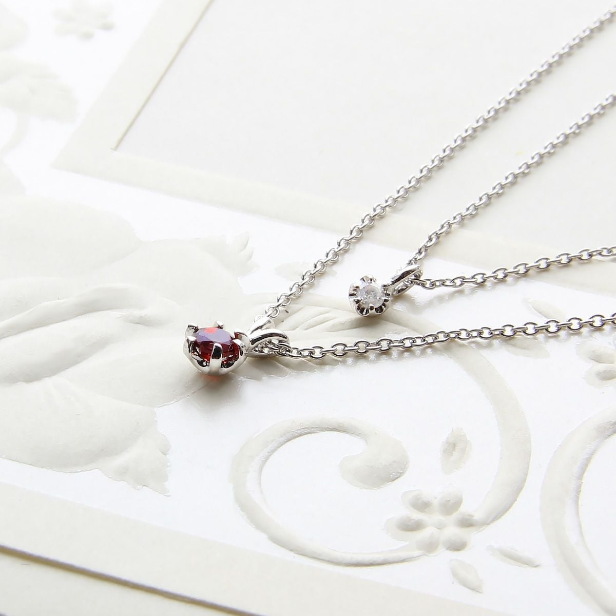 1月誕生石ガーネット×一粒ダイヤ★ダブルチェーンネックレス