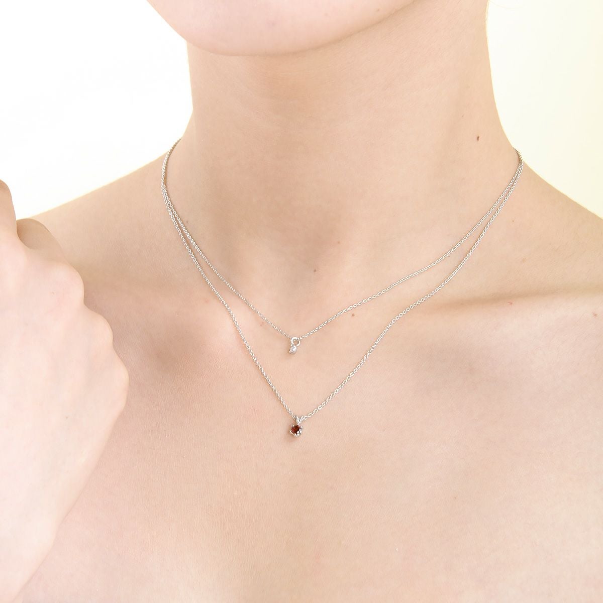 1月誕生石ガーネット×一粒ダイヤ★ダブルチェーンネックレス