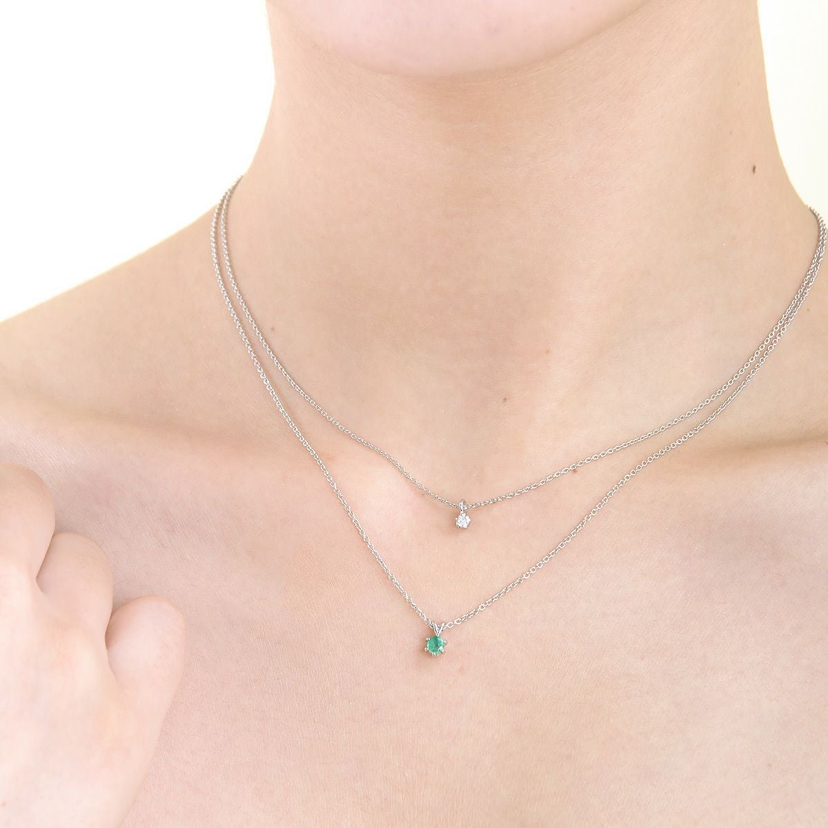 5月誕生石エメラルド×一粒ダイヤ★ダブルチェーンネックレス
