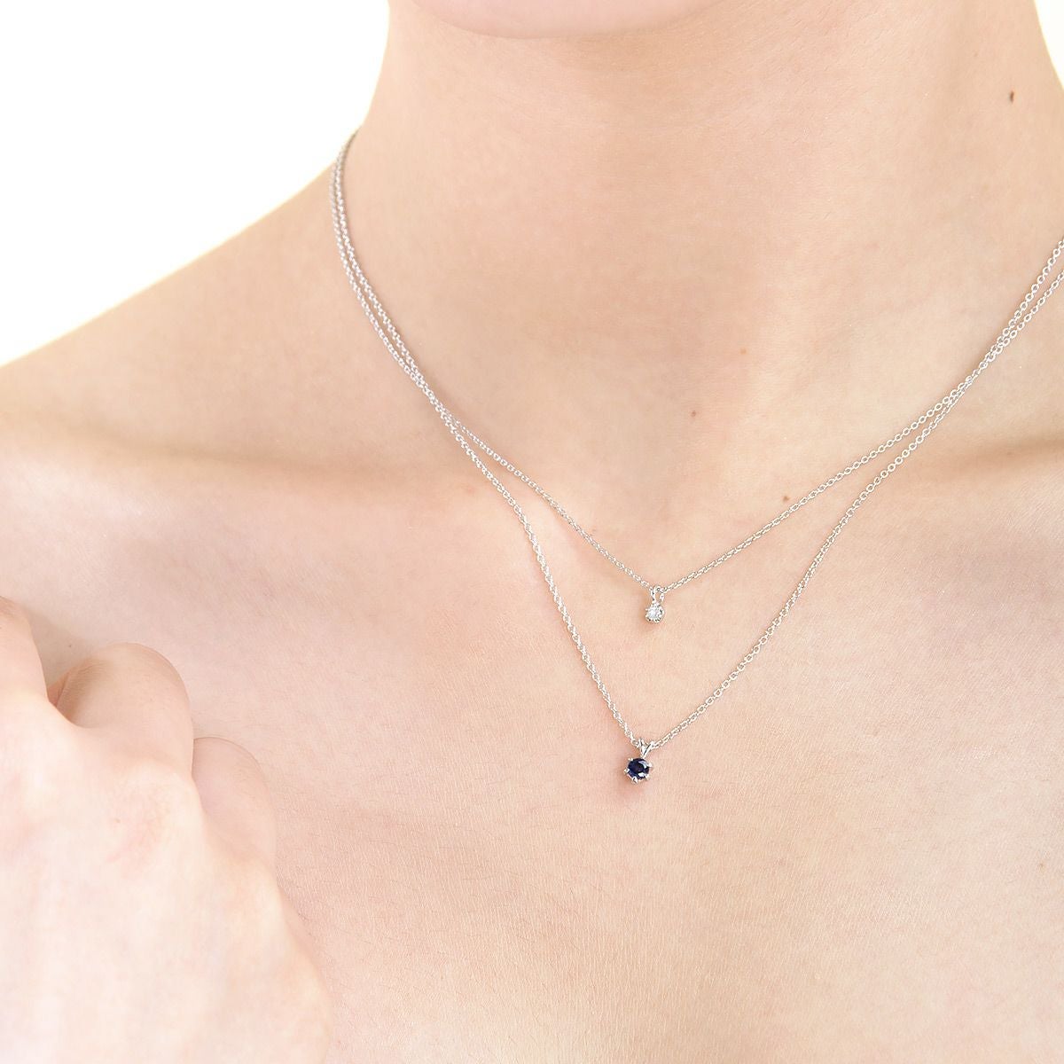 9月誕生石サファイヤ×一粒ダイヤ★ダブルチェーンネックレス